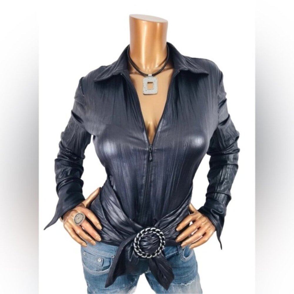 Joseph Ribkoff Black Zip Front Buckle Blouse Size 4